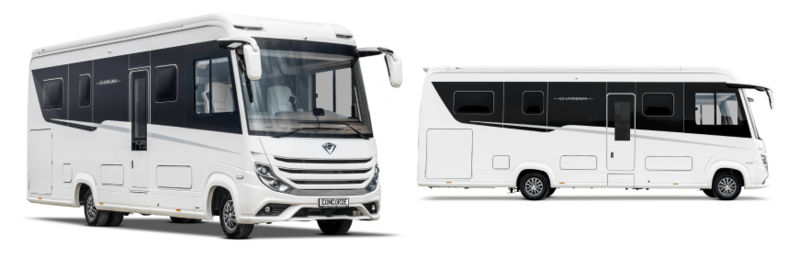 Außenansicht des Wohnmobils Concorde Charisma von Vorder- und Seitenansicht Außenansicht des Wohnmobils Concorde Charisma von Vorder- und Seitenansicht