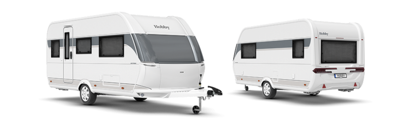 Außenansicht des Wohnwagens Hobby Ontour von Vorder- und Rückseite Außenansicht des Wohnwagens Hobby Ontour von Vorder- und Rückseite