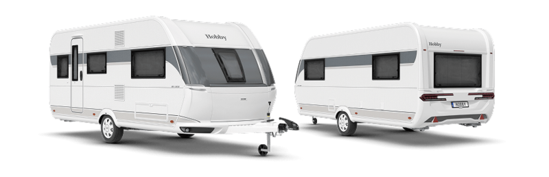 Außenansicht des Wohnwagens Hobby Deluxe von Vorder- und Rückseite Außenansicht des Wohnwagens Hobby Deluxe von Vorder- und Rückseite