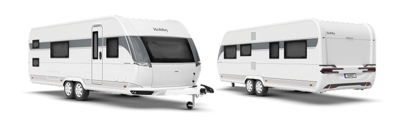 Außenansicht des Wohnwagens Hobby Prestige von Vorder- und Rückseite Außenansicht des Wohnwagens Hobby Prestige von Vorder- und Rückseite