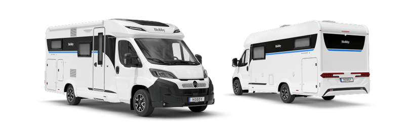 Außenansicht des Wohnmobils Hobby Ontour C von Vorder- und Rückseite Außenansicht des Wohnmobils Hobby Ontour C von Vorder- und Rückseite