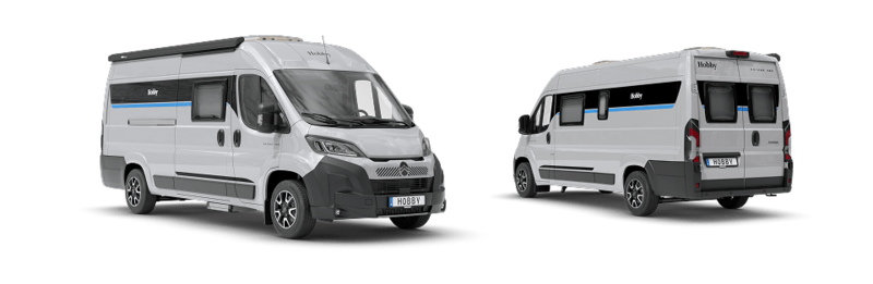 Außenansicht des Kastenwagens Hobby Ontour Van von Vorder- und Rückseite Außenansicht des Kastenwagens Hobby Ontour Van von Vorder- und Rückseite