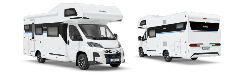 Außenansicht des Wohnmobils Hobby Ontour A von Vorder- und Rückseite Außenansicht des Wohnmobils Hobby Ontour A von Vorder- und Rückseite