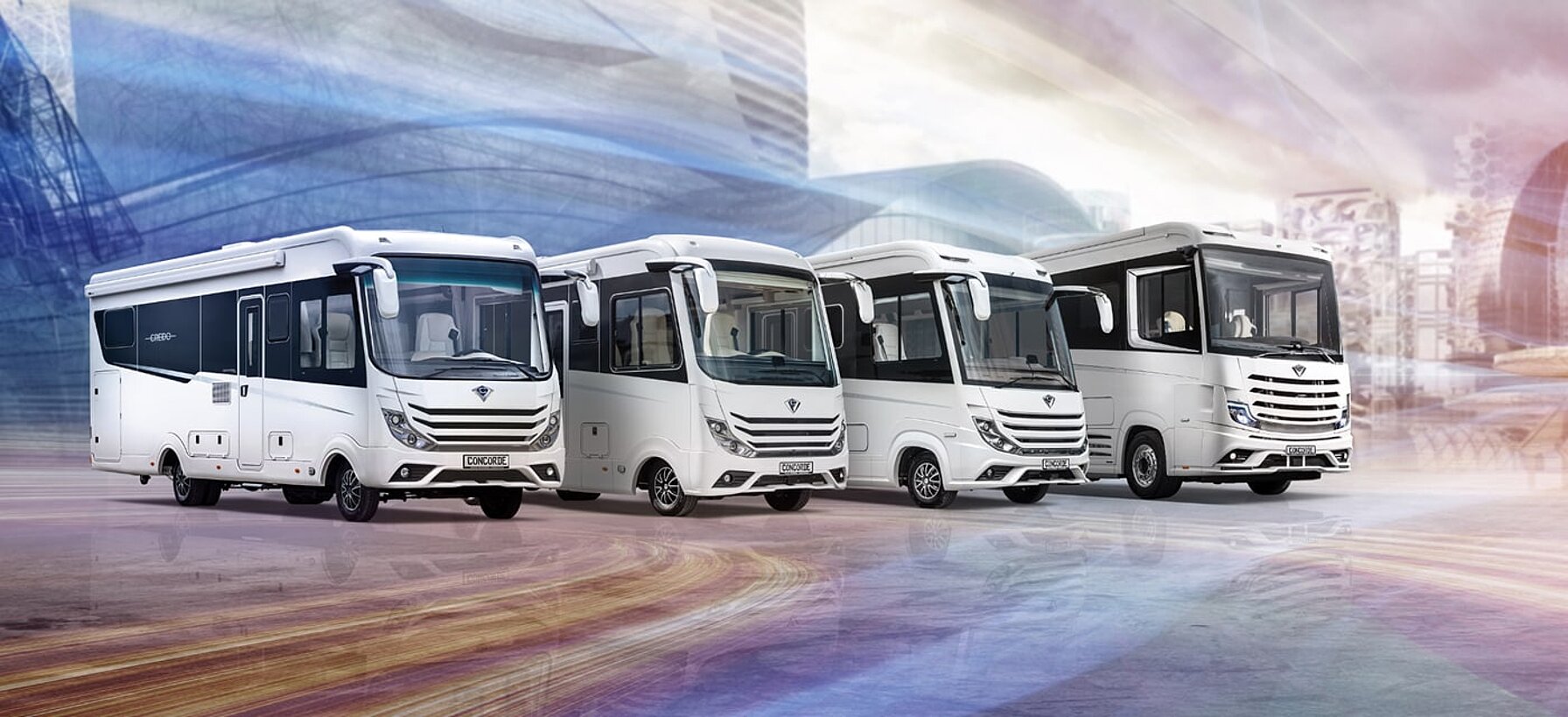 Vier Concorde Wohnmobile nebeneinander aufgereiht